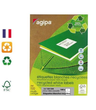 Etiquettes A5 recyclées blanches 210 x 148.5 mm par 200 AGIPA